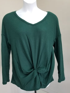 Waffle Knit Long Sleeve Tunic Top with Front Knot