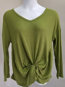 Waffle Knit Long Sleeve Tunic Top with Front Knot