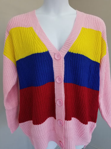 Pink & Blue Multi Stripe Button Sweater
