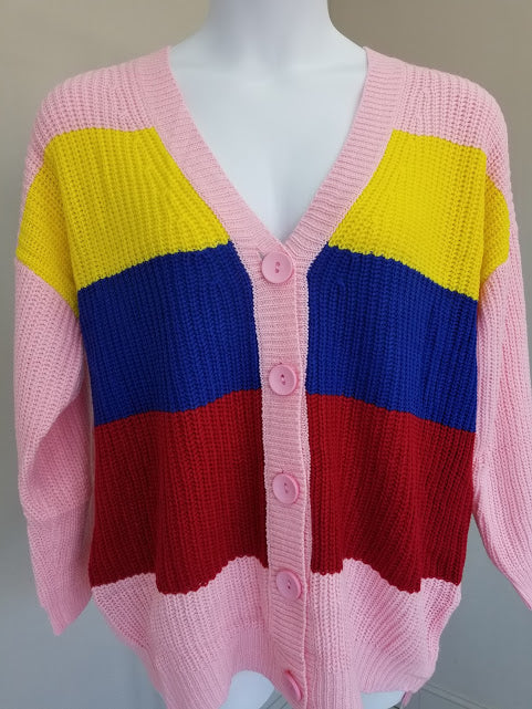 Pink & Blue Multi Stripe Button Sweater