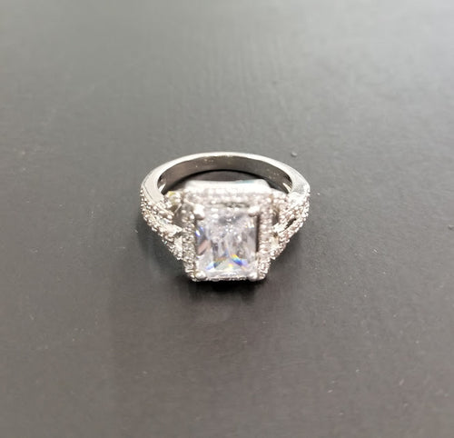 Rectangular Faceted Gem CZ Stone Accent Ring