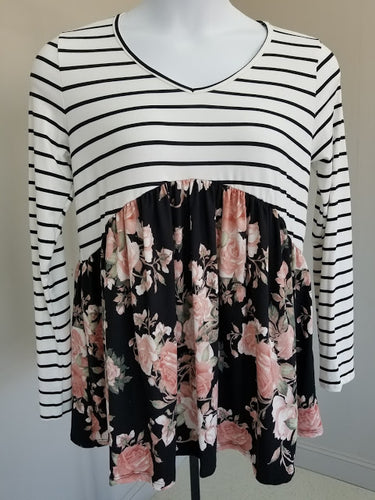 Stripe Black & Pink Floral Babydoll Blouse