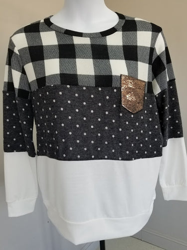 Ivory Plaid Polka-Dot Color Block Sweater